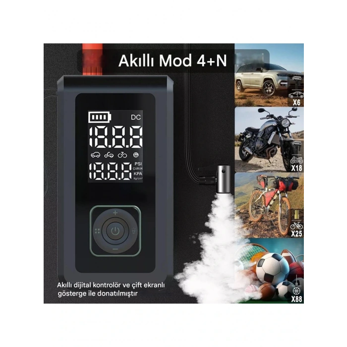 Cepini Şarjlı Pompa, Akü Takviyesi, Fener, Powerbank Özellikli, Taşınabilir Kompresör, Araç Pompası