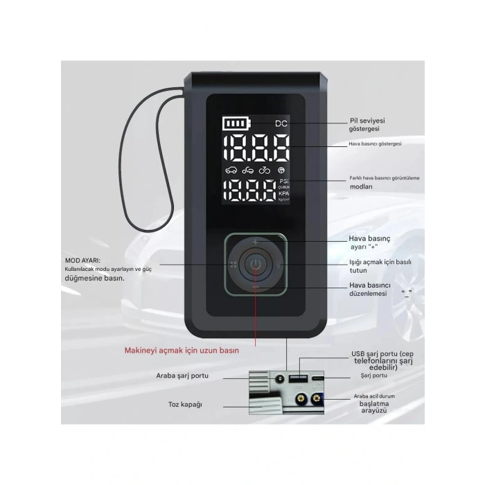 Cepini Şarjlı Pompa, Akü Takviyesi, Fener, Powerbank Özellikli, Taşınabilir Kompresör, Araç Pompası