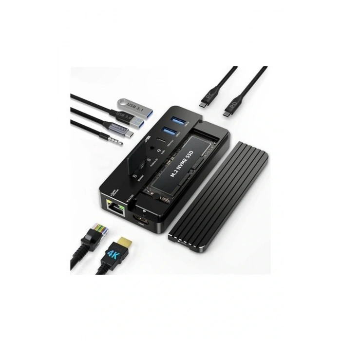CM073S 10 in 1 USB-C Dock + SSD Disk Kutusu, 10Gbps, 4K60Hz HDMI, PD 100W, Gigabit Ethernet,