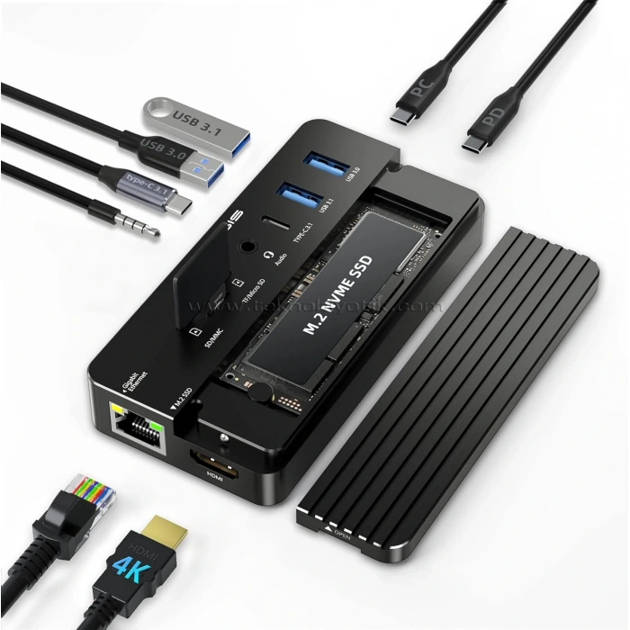 CM073S 10 in 1 USB-C Dock + SSD Disk Kutusu, 10Gbps, 4K60Hz HDMI, PD 100W, Gigabit Ethernet,