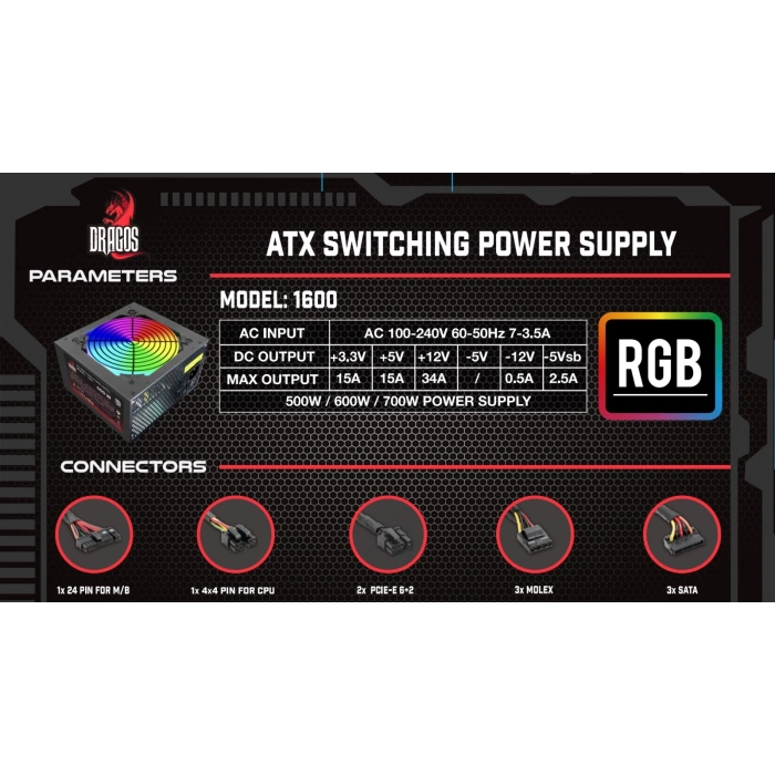 Dragos NanoStar-F500 RGB 12Cm Fan 600W 80+ Power Supply