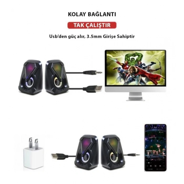 E-1053 Telefon Bilgisayar Tablet Uyumlu RGB Stereo Usb Hoparlör