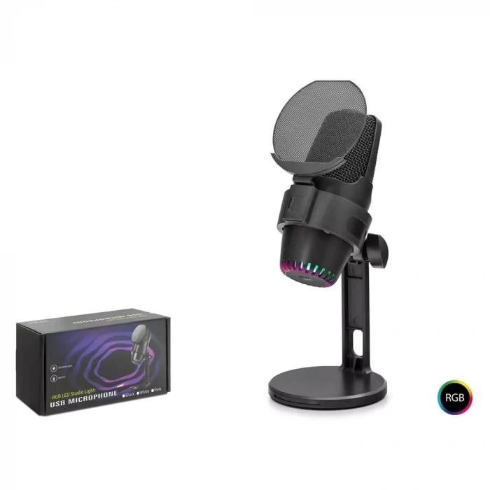 Hadron M9 Profesyonel RGB Gaming Mikrofon 48kHz/16Bit USB ve Type-C Bağlantılı Siyah