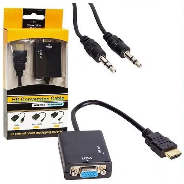 Hdmi To Vga Ses Destekli Monitör Dönüştürücü Kablo Çevirici Adaptör