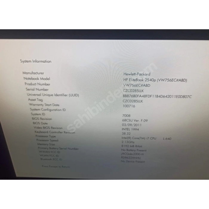 HP ELITEBOOK 2540P ANAKART İNTEL İ7 L640 2.13 GHZ İŞLEMCİ