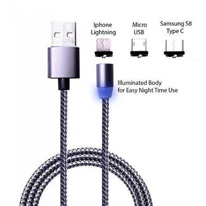 Iphone Lightning Samsung Micro Usb Type C Mıknatıslı Şarj Kablosu