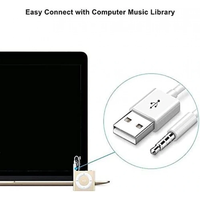 iPod Shuffle 3. 4. 5. Nesil Uyumlu USB Data Şarj Kablosu, Beyaz