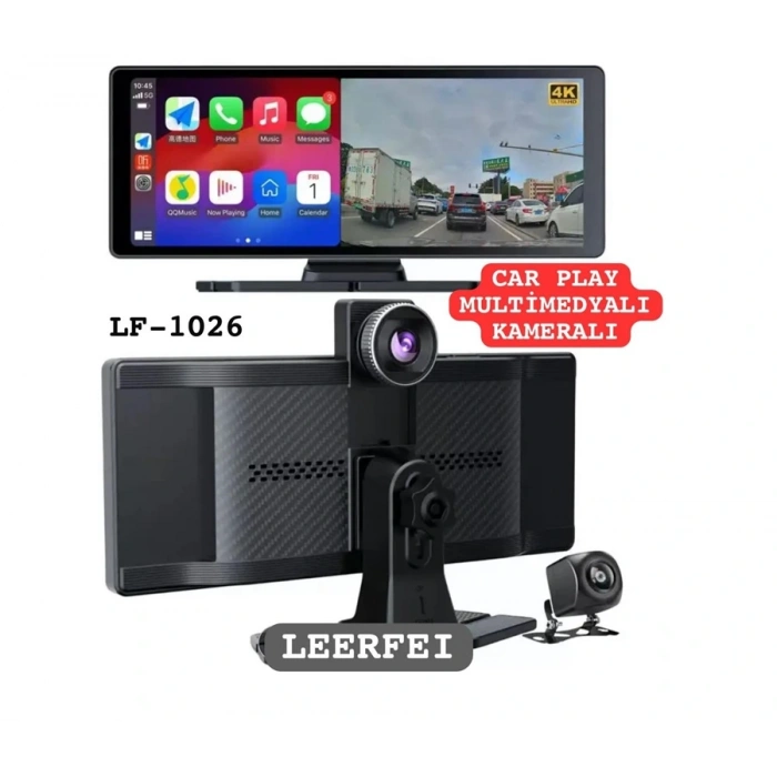 Leerfei Lf-1026 Taşınabilir HD Dokunmatik Ekranlı Kablosuz Araç Multimedya Oynatıcısı -CarPlay Android Auto Geri Görüş Kamerası