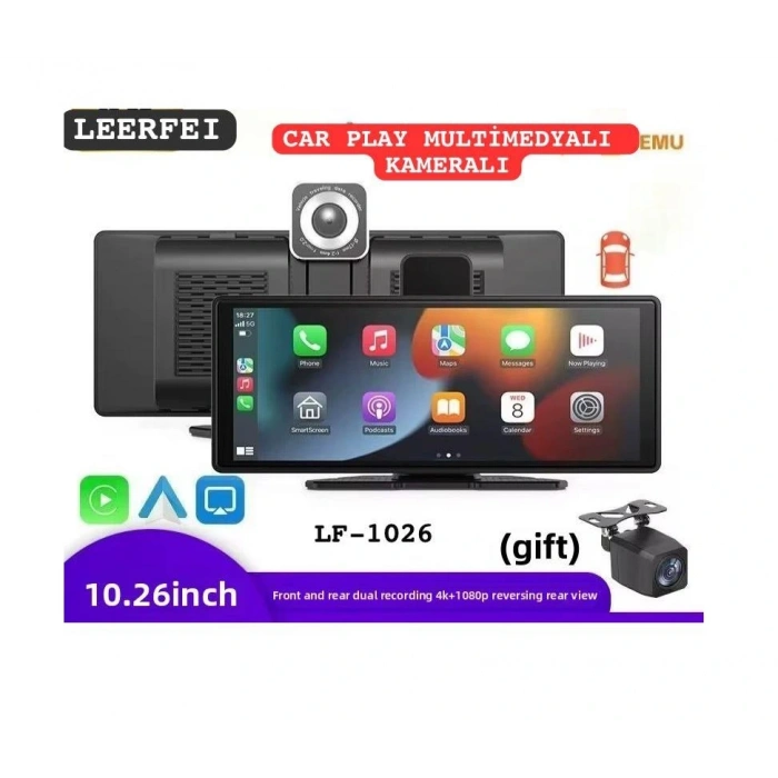 Leerfei Lf-1026 Taşınabilir HD Dokunmatik Ekranlı Kablosuz Araç Multimedya Oynatıcısı -CarPlay Android Auto Geri Görüş Kamerası