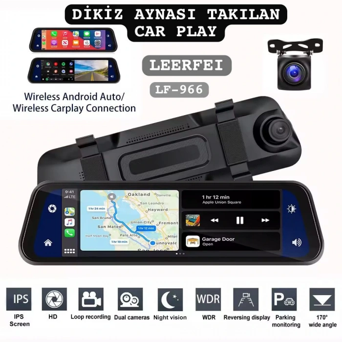 Leerfei Lf-966 4K Gece Görüşlü Akıllı Dikiz Aynası Araç İçi Kamera - Kablosuz CarPlay