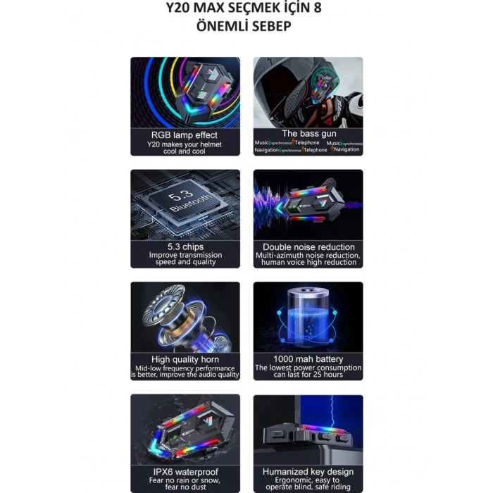 LEERFEI Y20 Max Motosiklet Bluetooth 5.3 Kask Intercom