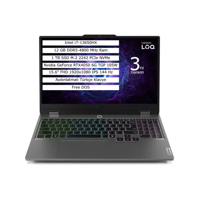 LENOVO LOQ 15IRX9 83DV0118TR I7-13650HX 12GB 1TB SSD 6GB RTX4050 15.6 DOS UPG