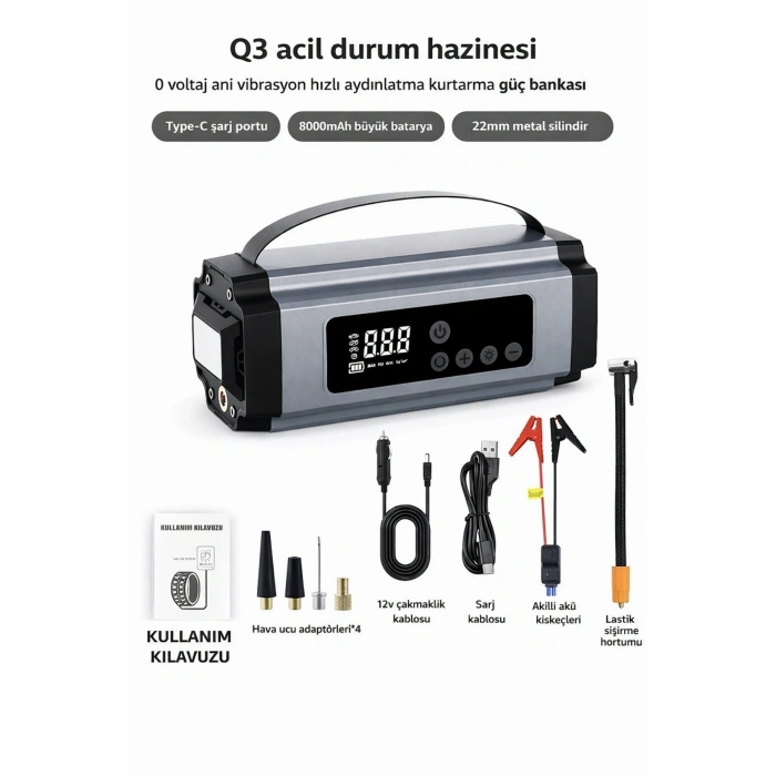 Çok Fonksiyonlu Araç Akü Takviye Cihazı ve Lastik Şişirme Pompası