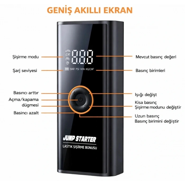 Akü Takviye Cihazı Taşınabilir Araç Dijital Hava Kompresör