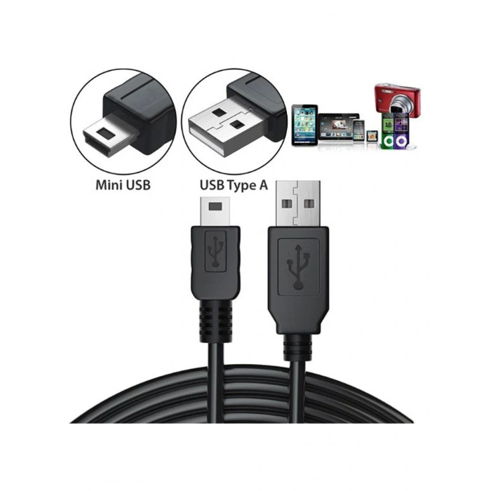 Mini USB 5 Pin Kablo 1.5 Metre Data Şarj Kablosu USB to Mini B – Siyah