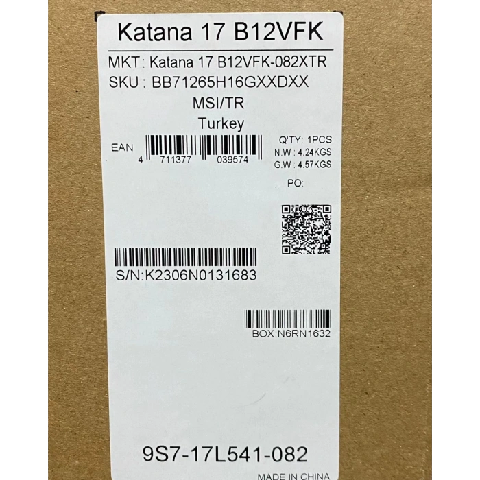 MSI KATANA 17 B12VFK-082XTR Intel Core i7 12650H 16GB 1TB SSD RTX4060 Freedos 17.3 FHD 144Hz Taşınabilir Bilgisayar