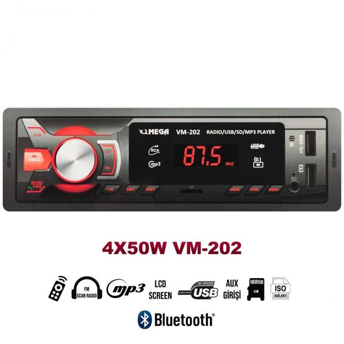 OTO TEYP 4X50W BT/2XUSB/SD/FM/AUX MEGA VM-202