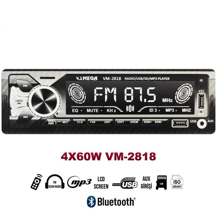 OTO TEYP 4X60W BT/2XUSB/SD/FM/AUX BÜYÜK EKRAN MEGA VM-2818