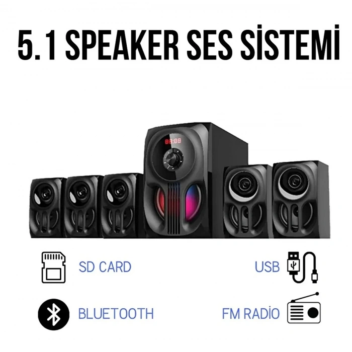 Platoon PL-4497 5D Super 5+1 RGB SD USB FM BLUETOOTH Subwoofer Multimedia Sinema Ses Sistemi
