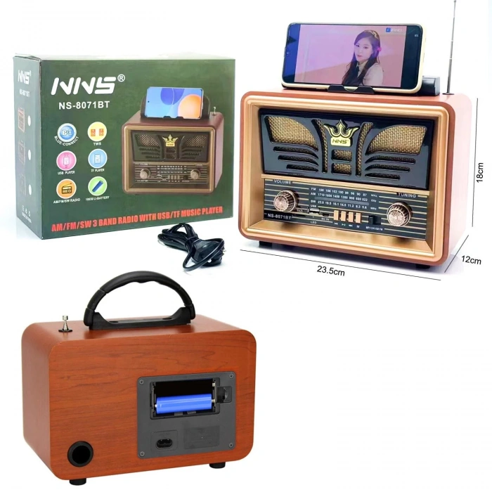 RADYO NOSTALJİ ŞARJLI PİLLİ BT/USB/SD/FM TELEFON STANDLI NNS NS-8071BT