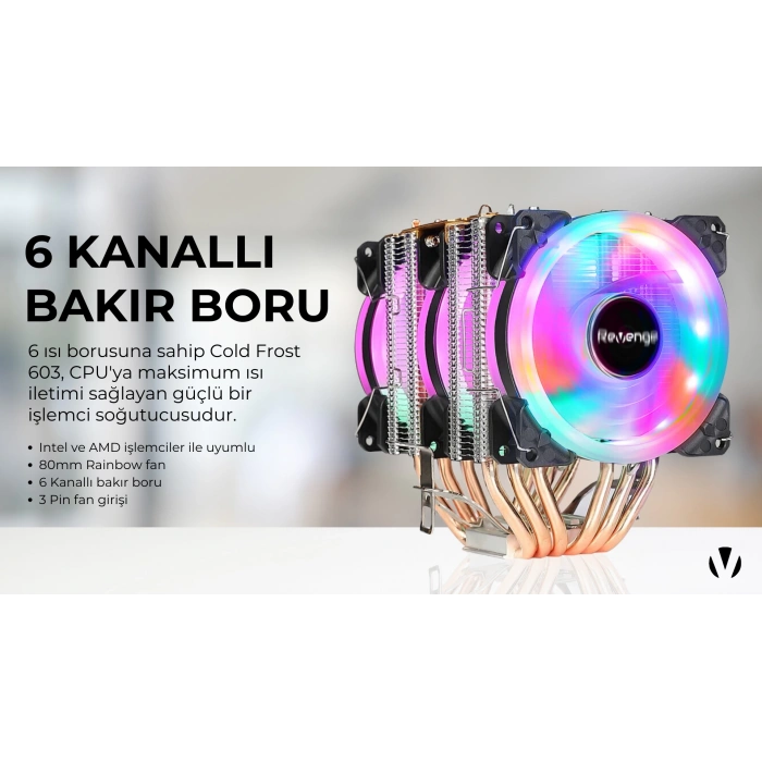 Revenge Cold Frost 603 Kule Tipi 3 Fanlı Rainbow Gaming İşlemci Fanı 6 Bakır Kanallı Cpu Fan