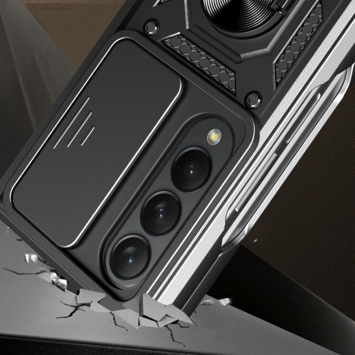 Samsung Galaxy Z Fold 4 Kılıf Kamera Korumalı Sürgülü Yüzüklü Armor Military Tank Koruyucu Kapak