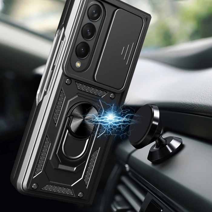 Samsung Galaxy Z Fold 4 Kılıf Kamera Korumalı Sürgülü Yüzüklü Armor Military Tank Koruyucu Kapak