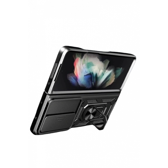 Samsung Galaxy Z Fold 4 Uyumlu Kılıf Kamera Korumalı Sürgülü Yüzüklü Tank Kapak