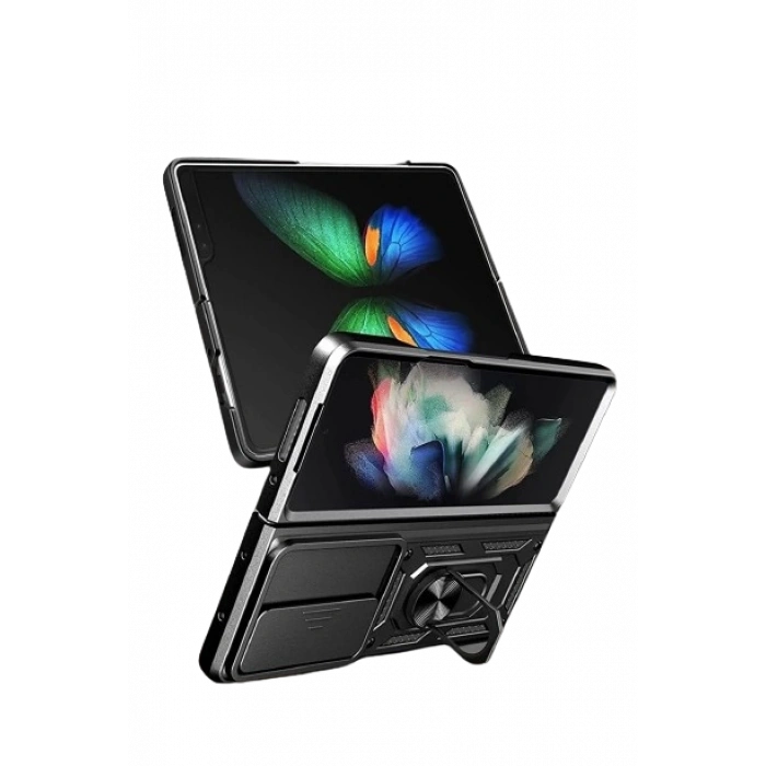 Samsung Galaxy Z Fold 4 Uyumlu Kılıf Kamera Korumalı Sürgülü Yüzüklü Tank Kapak