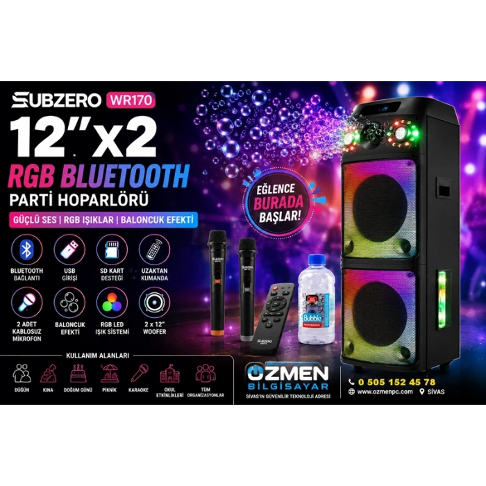 Subzero WR170 12x2 100W 2 Kablosuz Mikrofonlu Kumandalı Baloncuk Çıkartan RGB Bluetooth/Usb/Sd Müzik Kutusu