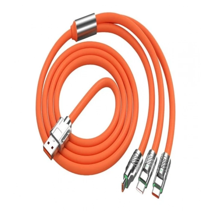 Süper Hızlı 120W 6A Sıvı Silikon Metal Uçlu LED Işıklı Type-C iPhone 3 In1 Şarj Kablosu 1.2m