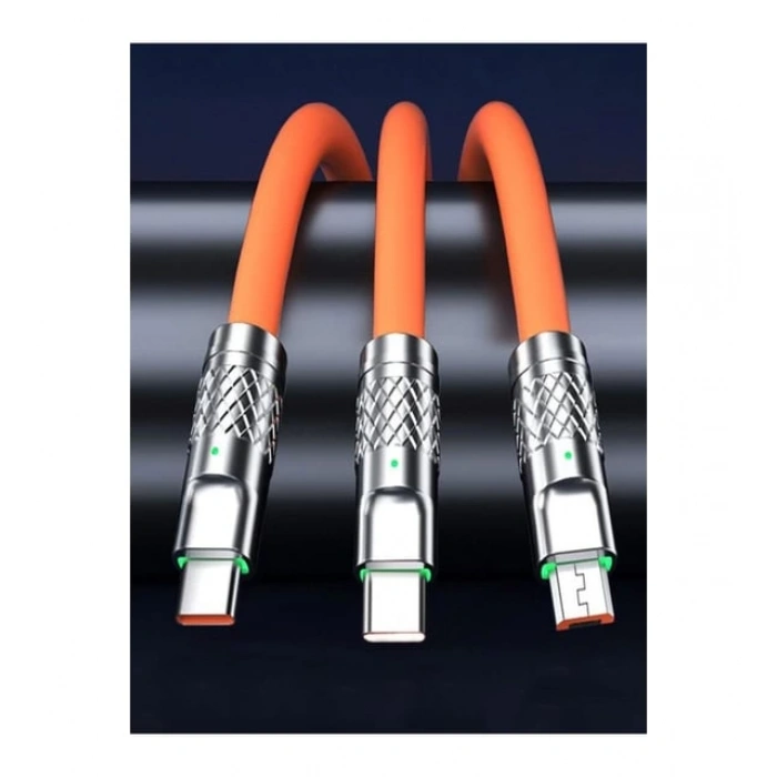 Süper Hızlı 120W 6A Sıvı Silikon Metal Uçlu LED Işıklı Type-C iPhone 3 In1 Şarj Kablosu 1.2m