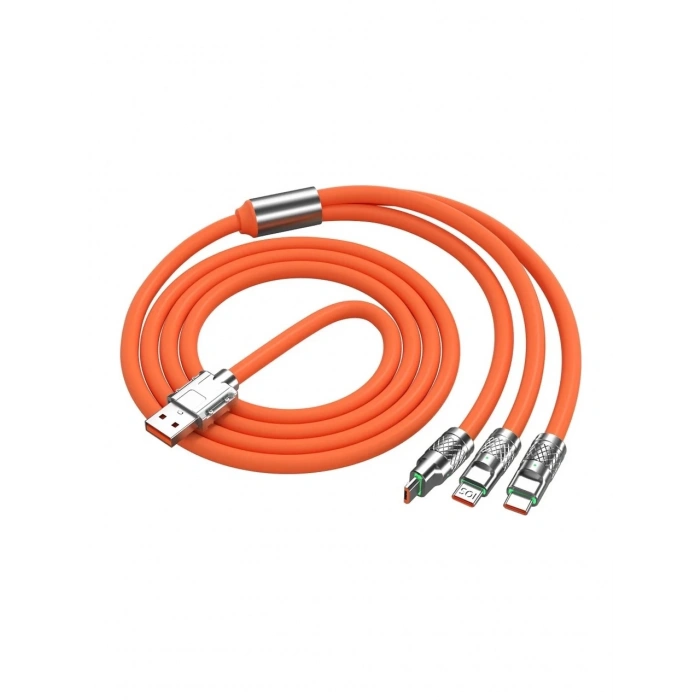 Süper Hızlı 120W 6A Sıvı Silikon Metal Uçlu LED Işıklı Type-C iPhone 3 In1 Şarj Kablosu 1.2m