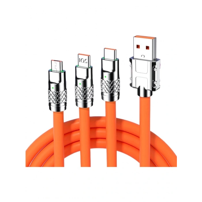 Süper Hızlı 120W 6A Sıvı Silikon Metal Uçlu LED Işıklı Type-C iPhone 3 In1 Şarj Kablosu 1.2m
