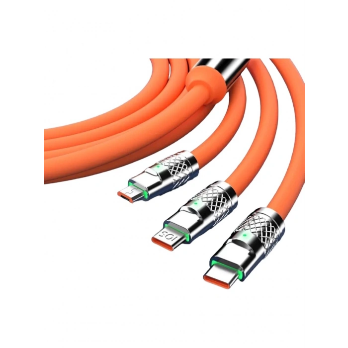 Süper Hızlı 120W 6A Sıvı Silikon Metal Uçlu LED Işıklı Type-C iPhone 3 In1 Şarj Kablosu 1.2m