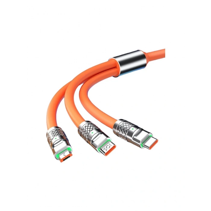 Süper Hızlı 120W 6A Sıvı Silikon Metal Uçlu LED Işıklı Type-C iPhone 3 In1 Şarj Kablosu 1.2m