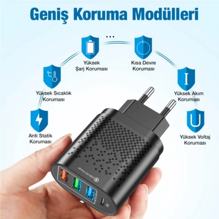 USLİON 3 USB + Type-C Giriş 48W PD Hızlı Şarj Başlık Şarj Adaptörü siyah