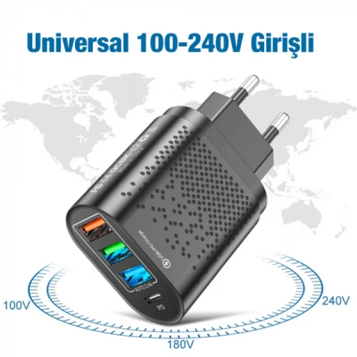 USLİON 3 USB + Type-C Giriş 48W PD Hızlı Şarj Başlık Şarj Adaptörü siyah