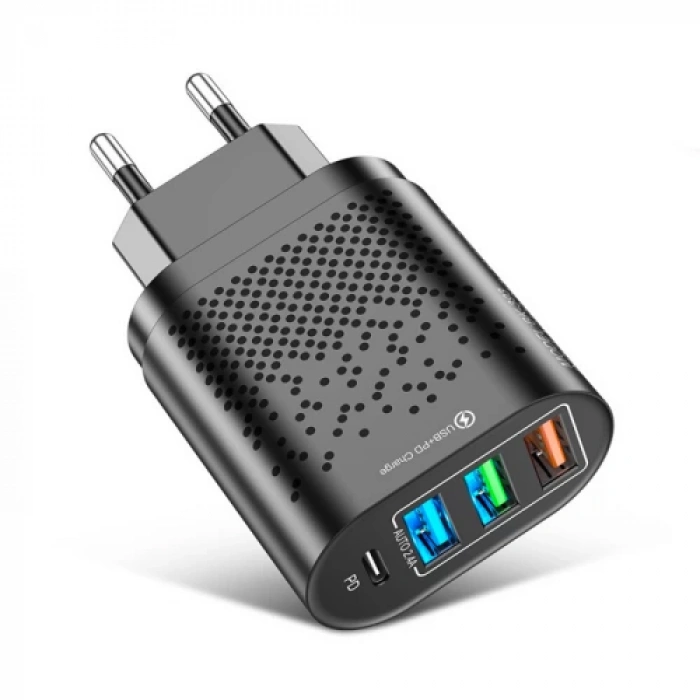 USLİON 3 USB + Type-C Giriş 48W PD Hızlı Şarj Başlık Şarj Adaptörü siyah