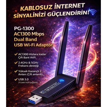 PG-1300 AC1300 Mbps DUAL BAND USB 3.0 ADAPTÖR KABLOSUZ WİFİ ALICI