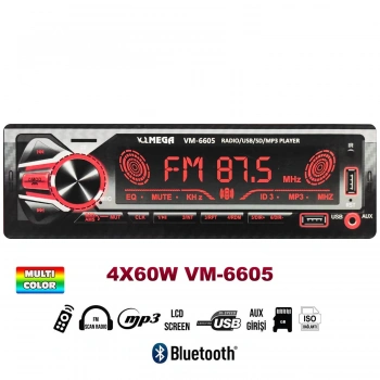 OTO TEYP 4X60W BT/2XUSB/SD/FM/AUX BÜYÜK EKRAN 7 RENKLİ MEGA VM-6605