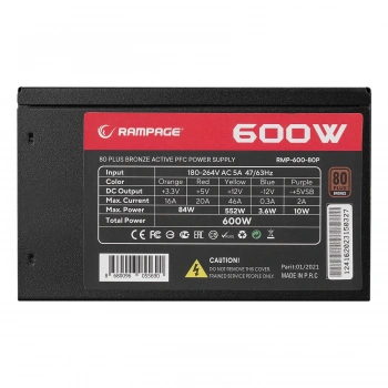 Rampage RMP-600-80P 600W 80 PLUS 12cm Fan Aktif PFC Power Supply