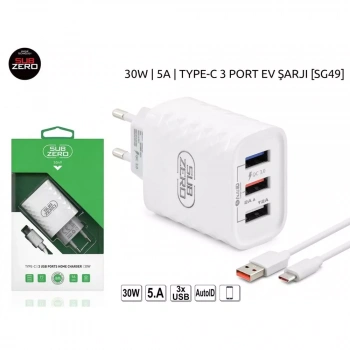 Subzero SG49 30W 5A 3Port Hızlı Type-C Şarj Aleti