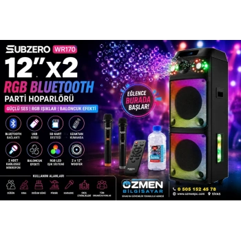 Subzero WR170 12x2 100W 2 Kablosuz Mikrofonlu Kumandalı Baloncuk Çıkartan RGB Bluetooth/Usb/Sd Müzik Kutusu