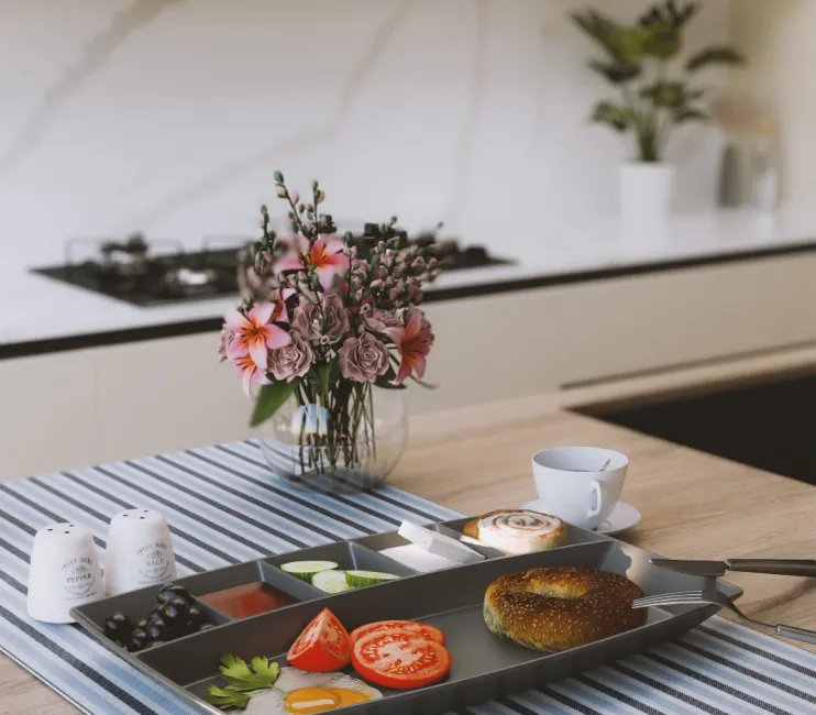 6 Bölmeli Polikarbon Kahvaltı Tabağı , 30x20 Cm, Sunum Tabağı, Antrasit