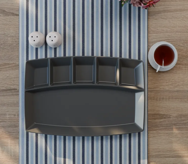 6 Bölmeli Polikarbon Kahvaltı Tabağı , 30x20 Cm, Sunum Tabağı, Antrasit