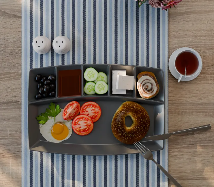 6 Bölmeli Polikarbon Kahvaltı Tabağı , 30x20 Cm, Sunum Tabağı, Antrasit