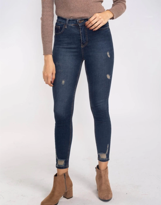 Yırtık Detaylı Skinny Jean Pantolon-LACİVERT