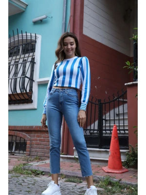 Çizgili Tasarım Triko Bluz - MAVİ