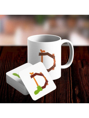 D Harfi Tasarımlı Kupa ve Bardak Altlığı Seti